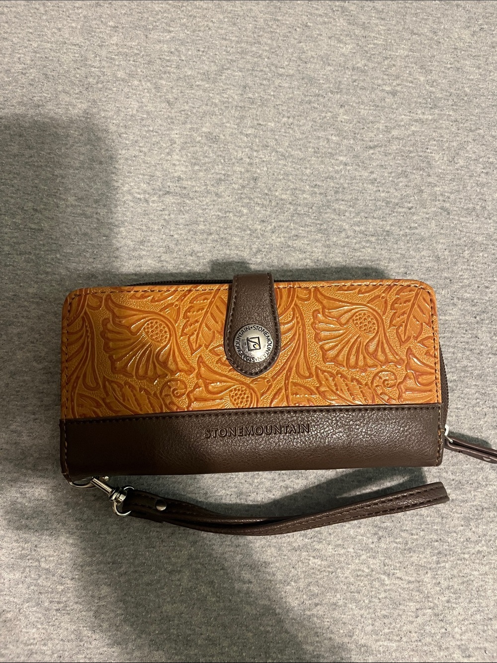 Stone Mountain Accessories Tan Tooled Leather and Dark Brown Wristlet Wallet
